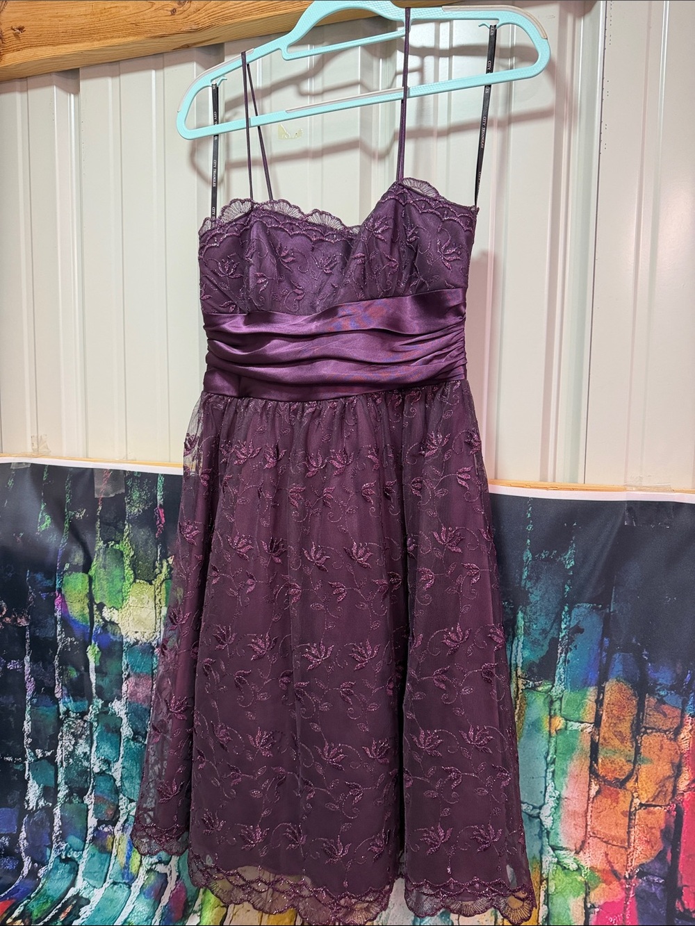 City Triangles Purple Lace A-Line Prom Dress with Satin Waistband